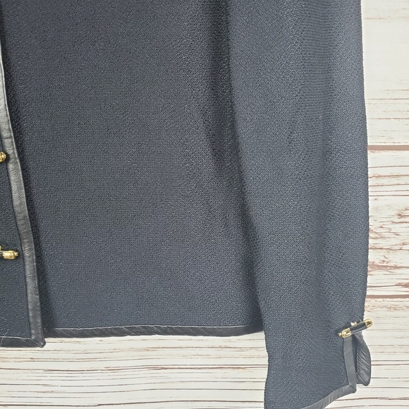 St. John Collection Womens Size 2 Vintage Black Santana Knit Leather Trim Jacket - Picture 4 of 11